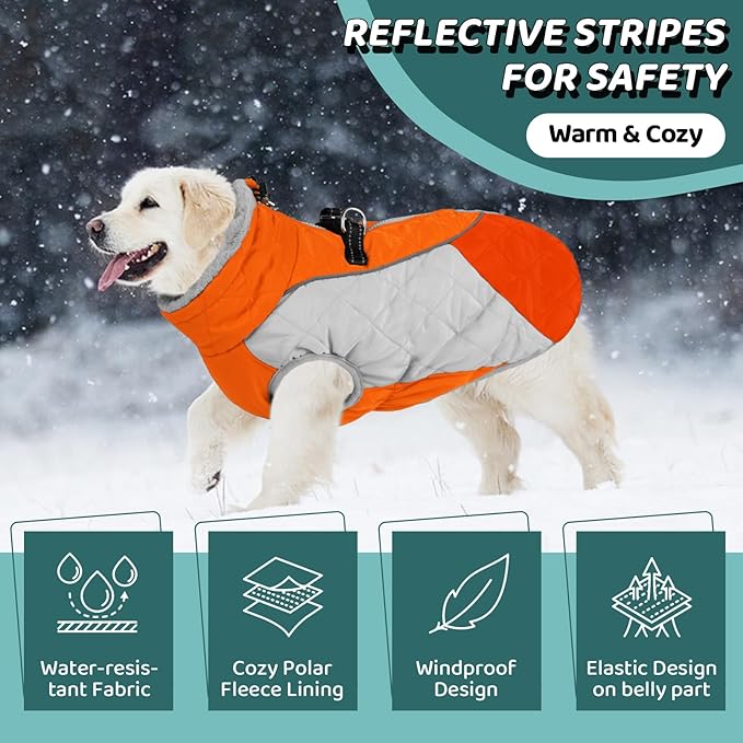 AOFITEE Dog Coat, Warm Dog Jacket, Reflective Dogs Winter Coat with Harness Built in and Fleece Lined, Waterproof Pet Winter Jacket Snowsuit for Small Medium Large Dogs, Orange L