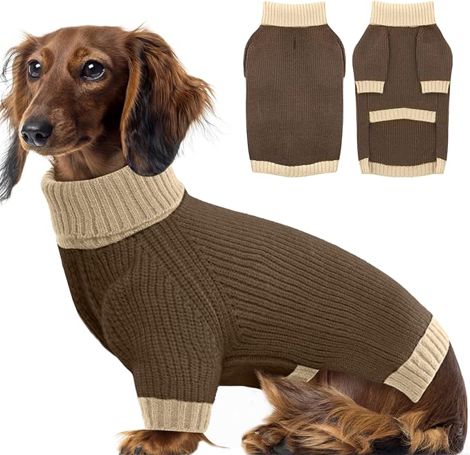 Dog Sweaters for Medium Dogs Boy Girl, Soft Turtleneck Sweater with Leash Hole, Stretchy Fall Sweater Christmas Halloween Fleece Winter Warm Pet Clothes Costume for Schnauzer Bichon Frise, Brown M