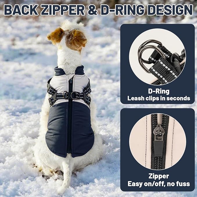Dog Winter Coat for Small & Medium Dogs (Up to 31lb), Waterproof Dog Coat with Harness, Puppies Windproof Puppy Puffer Jacket, Snowsuit for Dachshund,Frenchie, Corgi (Classic Blue, XLarge)