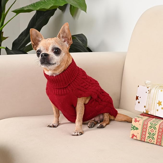 2 Pack Dog Sweaters for Small Dogs Turtleneck Pullover Cable Knit Puppy Stretch Clothes Chihuahua Yorkie Pomeranian Toy Poodle Boy Girl Pets Winter Doggie Clothes (S, Pink & Red)