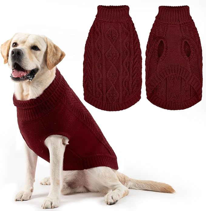 PUPTECK Dog Sweater, Turtleneck Warm Knitted Pullover Coat, Thick Cable Knitwear Clothes in Winter, Pet Apparel Outfits for Large Dogs, for Cold Weather Indoor & Outdoor, Deep Red ML