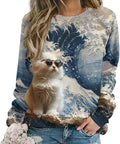 Long Sleeve Shirts for Women Cat Oil Painting Shirt 3D Graphic Sweatshirts Fall Pullover Crewneck Vintage Boho Tops