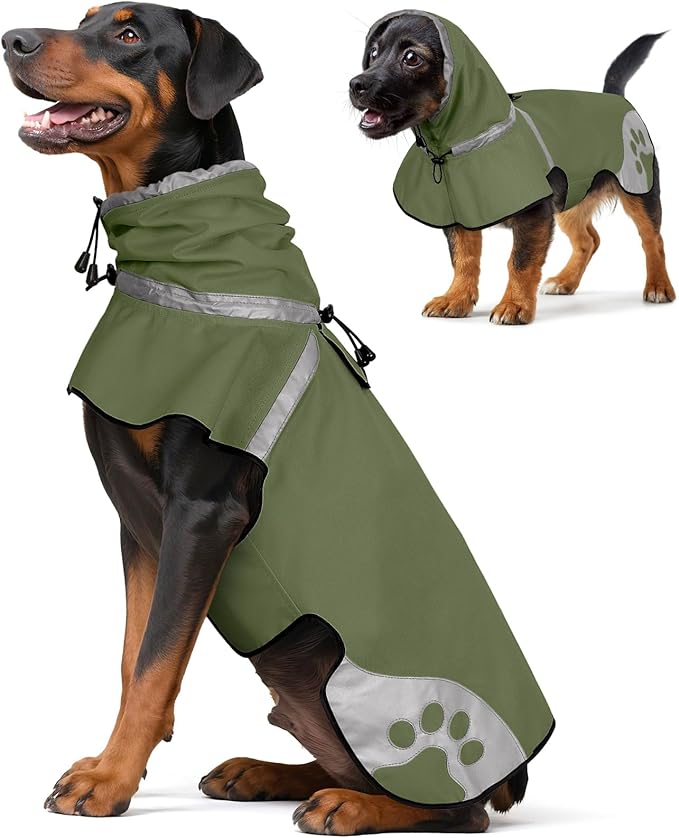 Dog Raincoat for Large Dogs, Adjustable Rain Jacket for Dogs, Waterproof Slicker Jacket for Adventures, Walking, Hunting（XL,Dark Green）