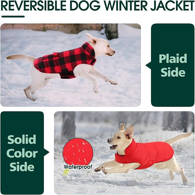 Kuoser Dog Winter Coat, Windproof Dog Fleece Jacket British Style Plaid Cold Weather Doggie Vest Coats, Reversible Cozy Warm Puppy Clothes Pet Apparel for Small Dogs S