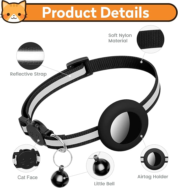 2 Pack Airtag Cat Collar with Bell, Reflective Nylon Kitten Collar with Apple Air Tag Holder and Breakaway Safety Buckle for Puppy Girl Boy Cats, 3/8" in Width and Lightweight, Black/Orange