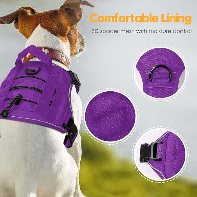 Heavy-Duty Tactical Dog Harness for Large Dogs, No Pull Adjustable Reflective Pet Vest with Molle System, K9 Military-Grade Control for Service Training, Outdoor & 10+ Breeds, Purple, Small