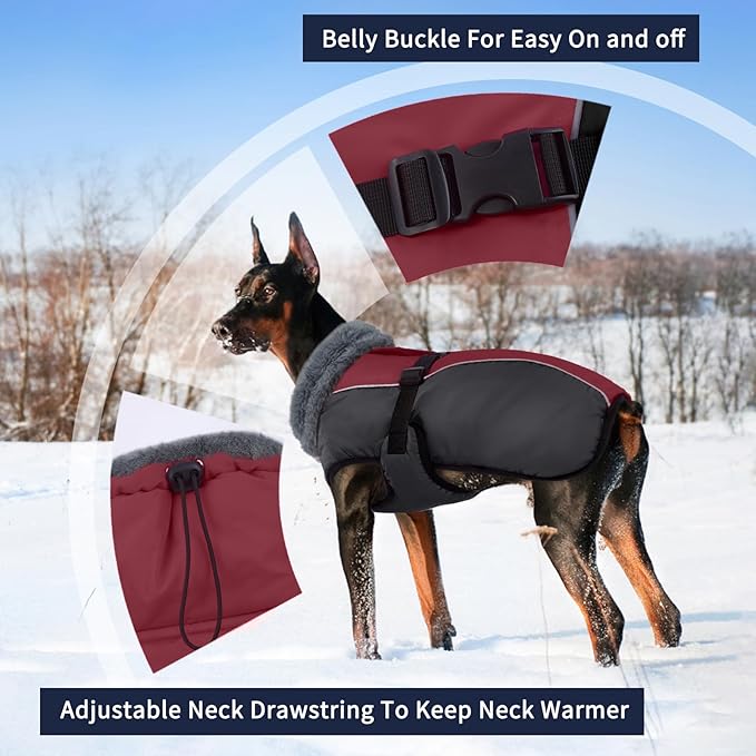 IECOii Dog Coat for Large Dogs, Reflective & Adjustable Turtleneck Jacket with Buckle, Thermal Fleece Lined Dog Snowsuit for Cold Weather - Soft Dogs Winter Coat Windproof Warm Vest, Burgundy, L