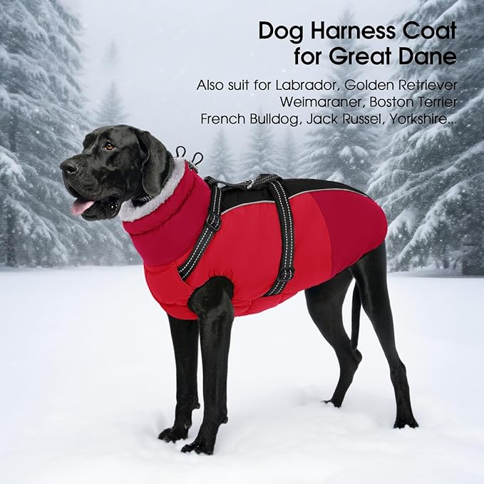 SUNFURA Dog Coat, Dog Jacket for Large Dogs with Harness Built in, Warm Pet Winter Coat Zip Up Snow Jacket with Furry Collar for Boston Terrier, French Bulldogs, Red L