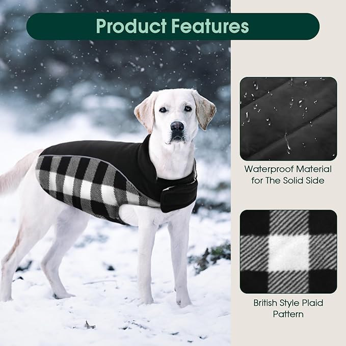 Kuoser Dog Winter Coat, Reversible Waterproof Dog Jacket with Reflective Strip, Warm Dogs Fleece Vest Adjustable Doggy Cold Weather Clothes Plaid Christmas Outfit Pet Apparel for Medium Dogs, Black M