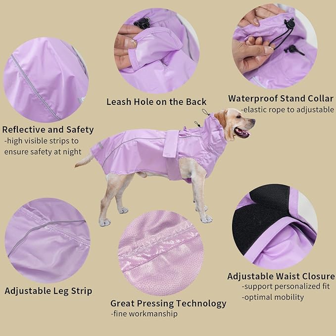 Adjustable Waterproof Dog Raincoat for Dogs,Lightweight Pet Rain Jacket Puppy Clothes with Reflective Strip for Small Medium Large Dogs (Light Purple, X-Large)