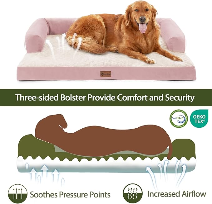 Orthopedic Dog Beds for Large Sized Dogs, Waterproof Egg Crate Foam Large Dog Couch Beds with Comfy Bolster 36x27Inch, Washable Pet Beds with Removable Cover and Nonskid Bottom, Pink