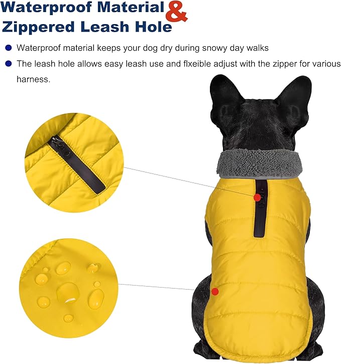 Dog Winter Coat, Waterproof Dog Jacket with Leash Hole, Reflective Adjustable Pet Snow Vest, Warm Fleece Sweater for Small Medium Large Dogs - Yellow, 2XL