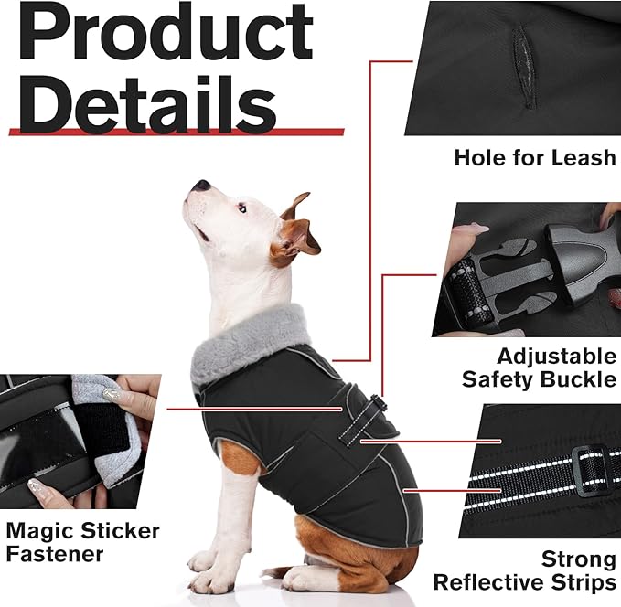 Lelepet Warm Dog Coats for Large Dogs Waterproof Dog Jacket Reflective Pet Fleece Vest Windproof Cold Weather Coats with Adjustable Buckle & Leash Hole, Black, XL