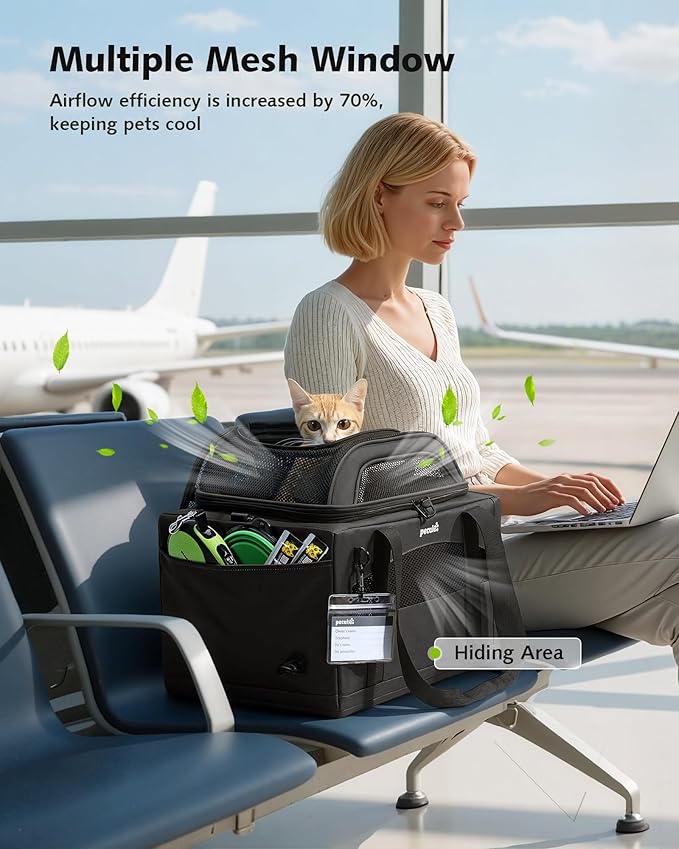 Pecute Expandable Pet Carrier Airline Approved Dog Cat Carrier, Breathable Soft-Sided with Locking Zippers, Pet Travel Bag for Small Dog Cat Anti-Scratch Mesh Leakproof Pee Pad (Dark Gray)