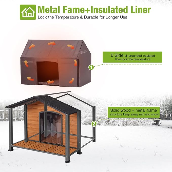 GUTINNEEN Dog House Outdoor with Removable Insulated Liner and Chew-Proof Metal Frame, Summer and Winter Use Dog Kennel for Small to Medium Dogs (40.6 “L×34.3”W×31.5“H)