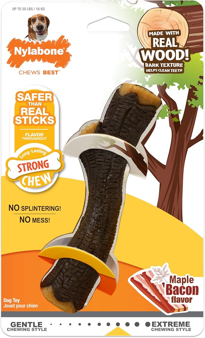 Nylabone Real Wood Stick Toy Strong Chew Toy for Dogs, Rubber Dog Toys for Moderate & Aggressive Chewers, Bacon Flavor, Medium - Up to 35 lbs, 1 Count
