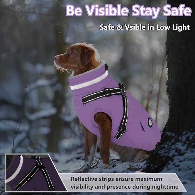 Dogcheer Dog Coat with Harness, Waterproof Dog Jacket, Reflective Puppy Winter Jacket with Pocket, Doggy Turtleneck Fleece Vest for Small Medium Large Dogs - Taro Purple, L