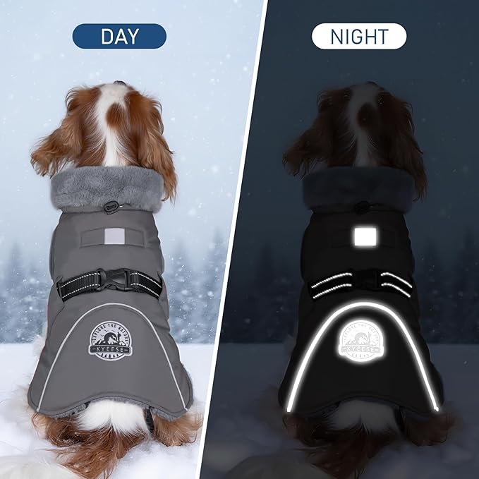 KYEESE Waterproof Dog Coat, Windproof Winter Jacket with Thick Fleece Lining, Extra Warm Turtleneck Dog Coats for Medium Dogs with Leash Hole and Reflective Design, Gray, X-Large