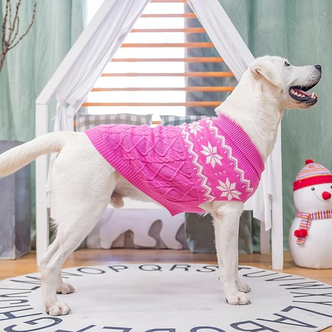Warm Winter Pink Dog Sweater - Cold Weather Pet Clothes for Small Medium Large Dogs Indoor Outdoor, Soft Classic Knit Puppy Apparel Coat, Pink, XL