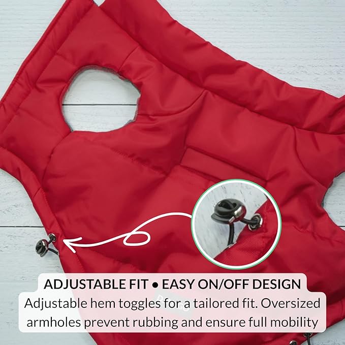 DJANGO Reversible Puffer Dog Coat – Warm Winter Dog Jacket & Water-Repellent Insulated Dog Coat with Harness Hole, Windproof, Adjustable Fit for Small & Medium Dogs, Dachshunds – Lava Red, Large