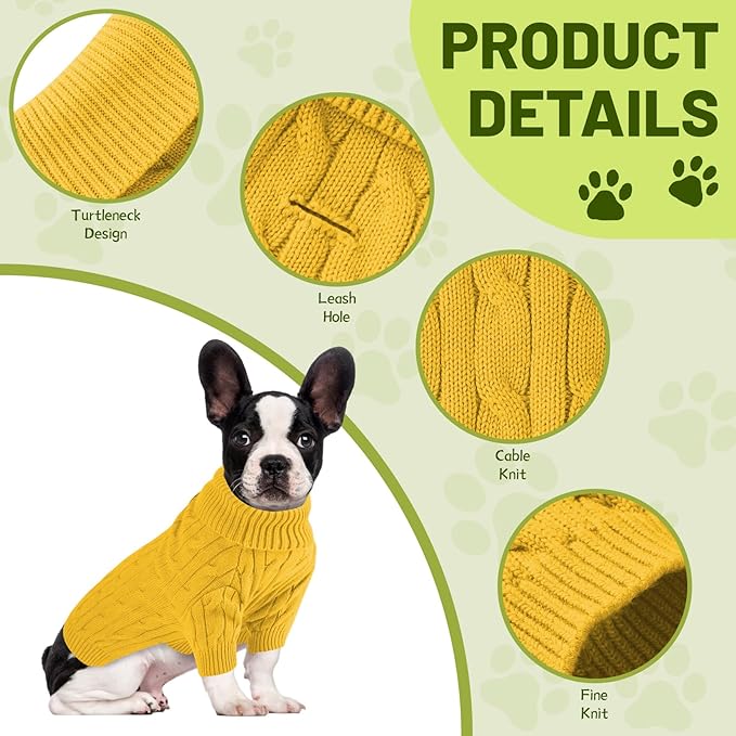 Small Dog Thermal Pullover Sweater, Classic Turtleneck Cable Knitwear Dog Clothes for Cold Weather Warm Pet Clothes for Chihuahua, Bulldog, Dachshund, Pug Yellow Small