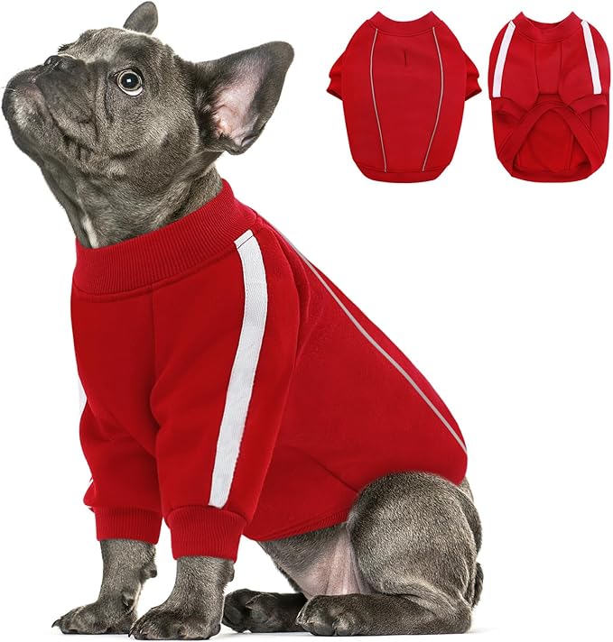 Queenmore Small Christmas Dog Sweater, Cozy Fleece Dog Sweatshirt, Warm Winter Fleece Jacket for Small, Medium & Large Dogs with Leash Hole/Reflective Stripes Red