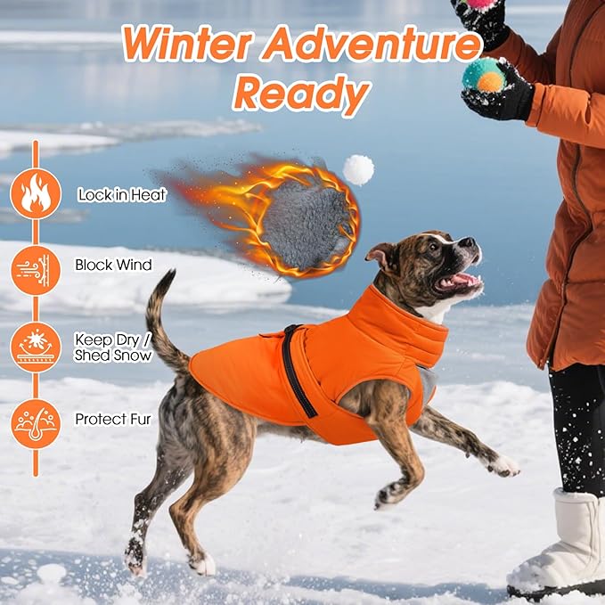 XXL Dog Coat, Warm Dog Winter Jacket, Waterproof Dogs Snowsuit With Foldable High Collar, Reflective Strips, Leash Hole, And Adjustable Hook & Loop Closure - Ideal For Cold Weather - Orange XXL