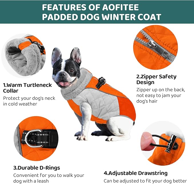 AOFITEE Dog Coat, Dog Winter Coat, Reflective Small Dogs Jacket with Harness Built in and Fleece Lined, Waterproof Pet Winter Jacket Warm Snowsuit for Small Medium Large Dogs, Orange S