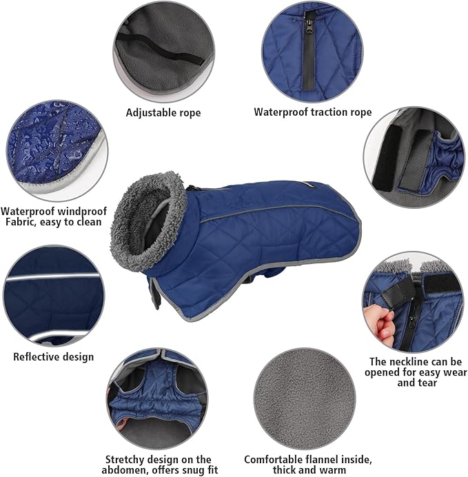 Fragralley Dog Coat Large, Waterproof Dog Jacket with Warm Fleece Lining, Adjustable Reflective Dogs Winter Coat, Turtleneck Pet Coats for Cold Weather (Blue XXXL)