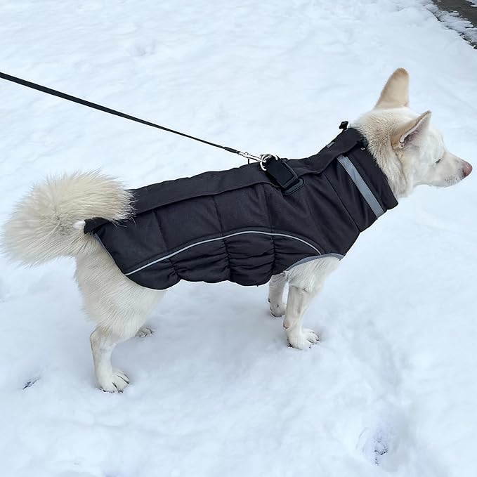 Malier Dog Coat, Reflective Dog Jacket Waterproof Windproof Puppy Cold Weather Coats with Harness Built in, Winter Extra Warm Pet Coat Fleece Vest for Small Large Pets and Puppy (Black, Medium)