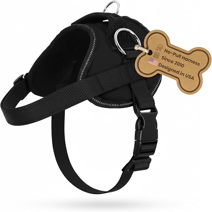 Bark Appeal Black No-Pull Dog Harness for Small to Medium Sized Pets – Adjustable, Reflective Vest with 3 Leash Clips for Added Control, Easy Walks & Training – Medium