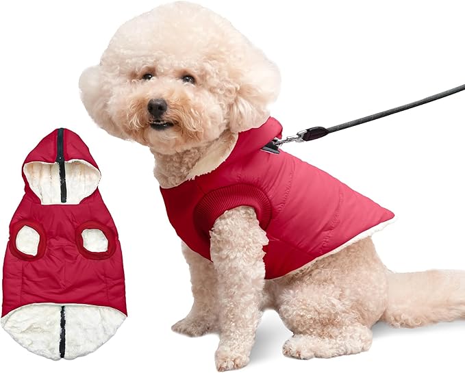 Fleece Lining Dog Hoodie with Harness Built in,Extra Warm Small Dog Jacket in Winter Puppy Coats with Hooded,Red XS
