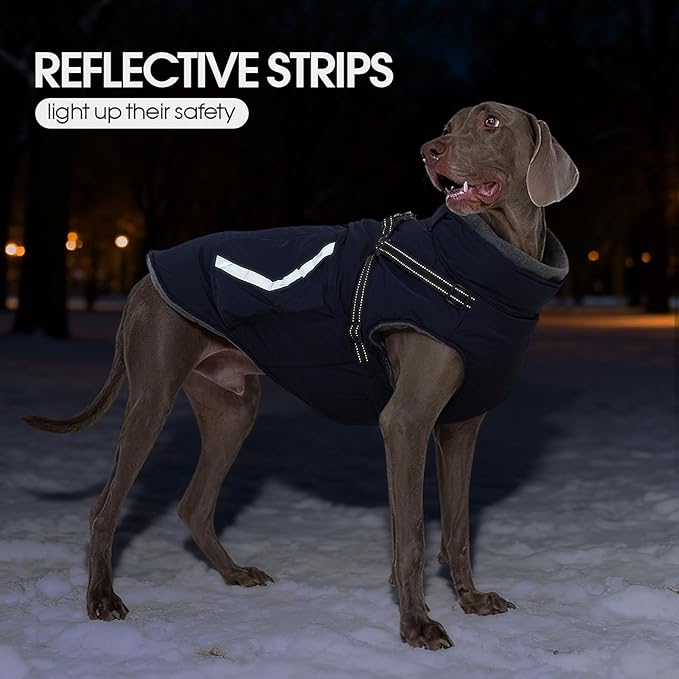 FUAMEY Dog Winter Coat Reflective Strips, Cozy Dogs Jacket with Harness Back Zipper, Fleece Lined Puppy Vest Thermal Clothes, Dog Cover for Cold Weather Snow Outfits, French Bulldogs (Dark Blue, M)