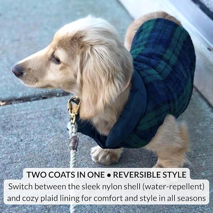DJANGO Reversible Puffer Dog Coat – Warm Winter Dog Jacket & Water-Repellent Insulated Dog Coat w/Harness Hole, Windproof, Adjustable Fit for Small & Medium Dogs, Dachshunds – Twilight Blue, Large