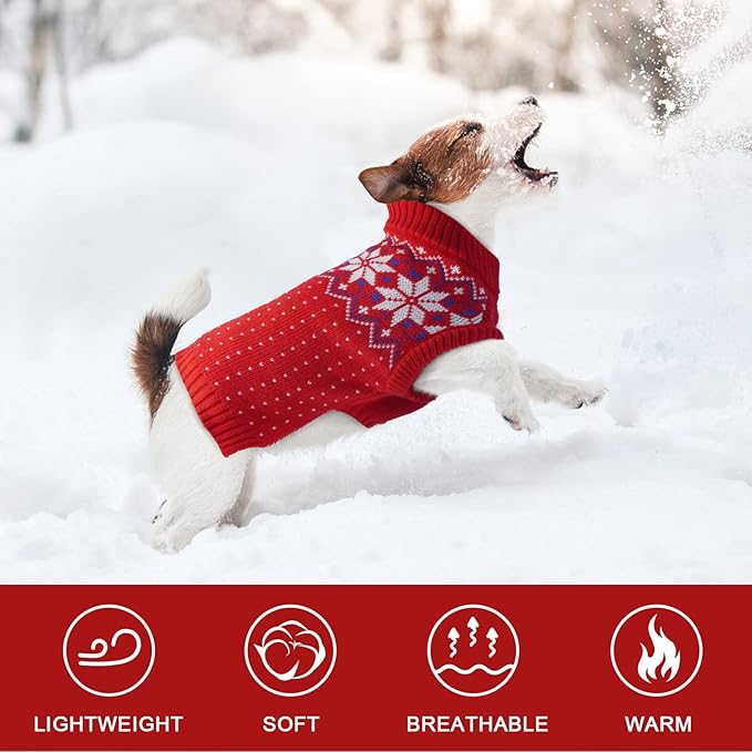 Kuoser Dog Sweater, Holiday Christmas Snowflake Pet Warm Knitwear Dog Sweaters Soft Puppy Clothing, Doggie Turtleneck Cold Weather Outfit Pullover for Small Medium Large Dogs Cats, Red 2XL