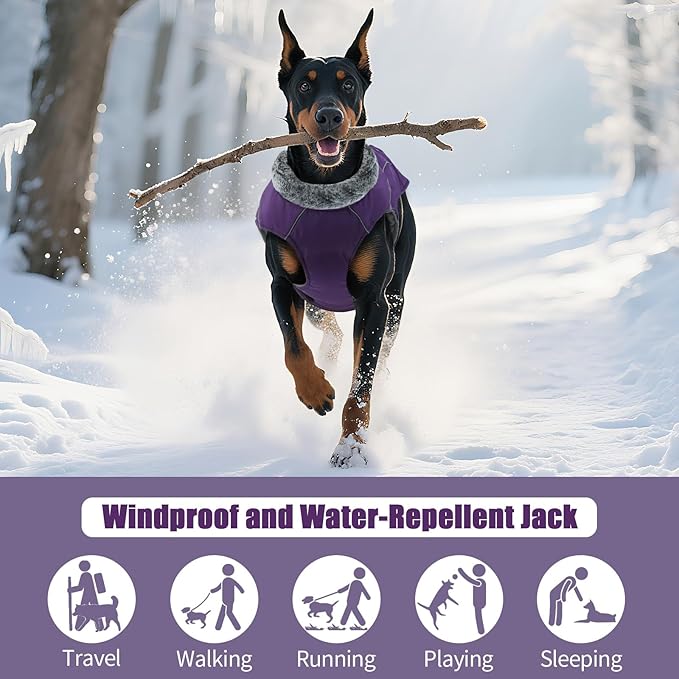 DENTRUN Large Dog Coat - Thick Fleece Lined Reflective Winter Jacket, Snap Closure & Leash Hole, Warm Thick Fleece Lined, Plush Turtleneck Vest for German Shepherd, Purple, XXL