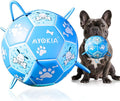 Size 2 Blue Dog Soccer Ball with Straps Eye-Catching Bone and Paw Print Design, Ultra-Durable Training Ball for Pets Interactive Outdoor Dog Toy, Perfect for Small to Medium Puppies