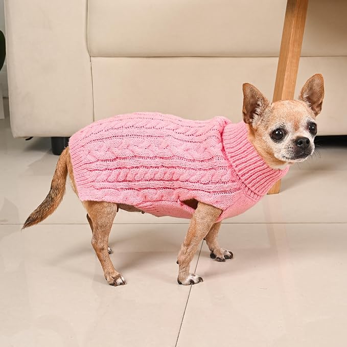 2 Pack Dog Sweaters for Small Dogs Turtleneck Pullover Cable Knit Puppy Stretch Clothes Chihuahua Yorkie Pomeranian Toy Poodle Boy Girl Pets Winter Doggie Clothes (XS, Pink & Red)