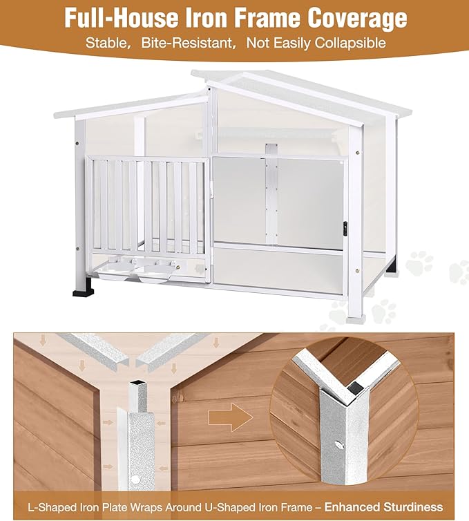 GUTINNEEN Dog House Outdoor with Anti-Chewing Metal Frame, Wooden Dog Kennel with 360° Rotating Feeding Bowl, Weatherproof Roof, for Indoor & Outdoor Use - Brown
