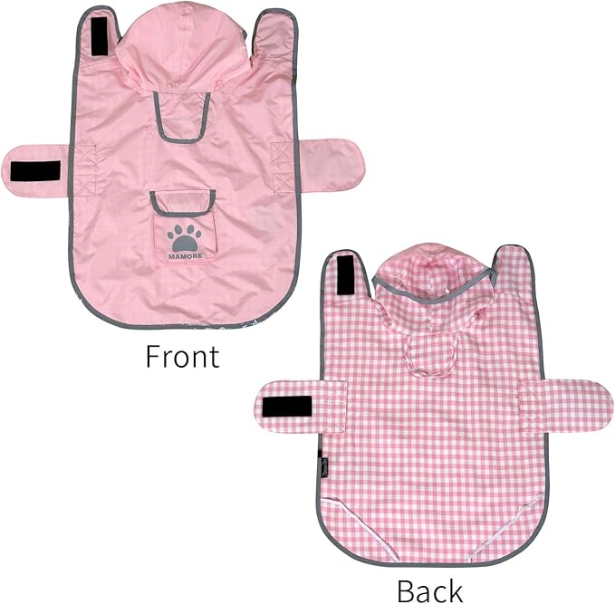 MAMORE Dog Raincoat Reversible,Waterproof Dog Rain Coat Hooded Slicker Poncho with Reflective Strip, Plaid Double Layer Rain Jacket for Small Medium Large Dogs (Pink, Large)
