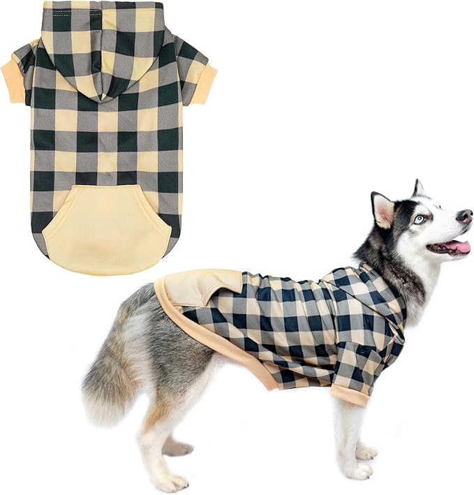 KOOLTAIL Plaid Dog Hoodie Pet Clothes Sweater with Hat and Pocket for Small Medium Large Size Dogs, Soft Winter Warm Dog Cold Weather Coat, Fleece Fall Dog Hooded Sweatshirt for Puppy Cats,BeigeXL/XXL