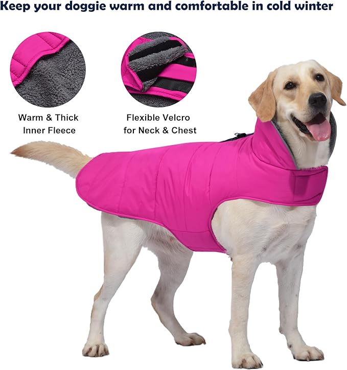 Dog Winter Coat, Waterproof Dog Jacket with Leash Hole, Reflective Adjustable Pet Snow Vest, Warm Fleece Sweater for Small Medium Large Dogs - Pink, 3XL