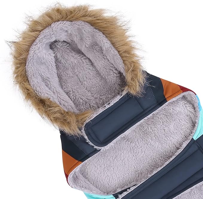 HDE Dog Puffer Jacket Fleece Lined Warm Dog Parka Winter Coat with Harness Hole Navy Retro Stripe - XXL