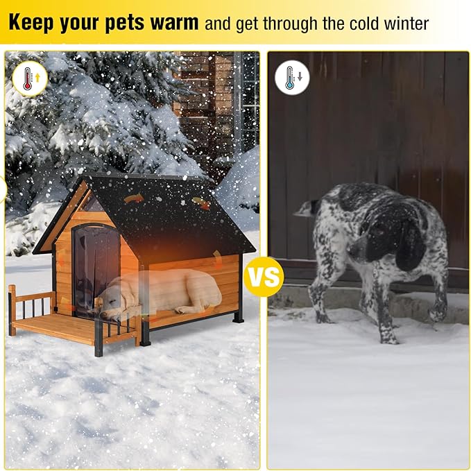 AIVITUVIN Heated Outdoor Dog House with Anti-Chewing Iron Surround Insulated Liner Dog Kennel for Large Breed Dog Shelter Weatherproof (Brown 50.9" D x 37.4" W x 37.2" H)