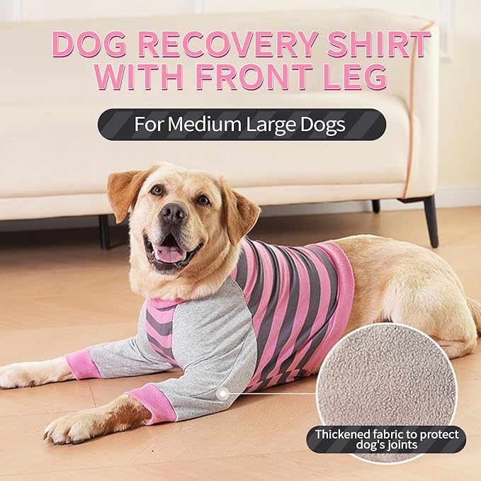 FUAMEY Dog Recovery Sleeve with Elbow Protector,Dogs Shirt Stop Licking Joints,Pet Long Sleeve Suit Protecting Dog's Front Leg Arm Wounds Cover Skin Conditions Pink Stripes 3XL