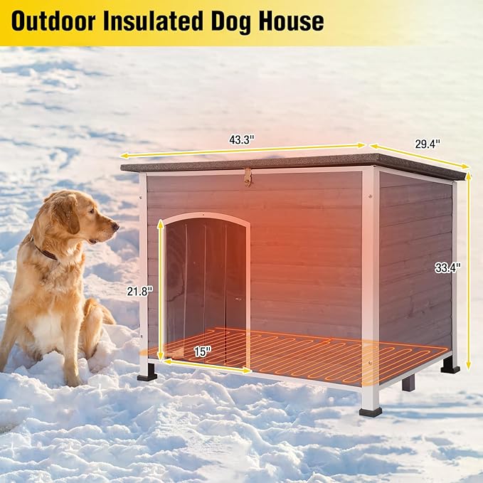 Aivituvin Heated Dog House with Insulated Liner for Winter, Waterproof Dog Kennel for Small Medium Large Dog with All-Around Iron Frame