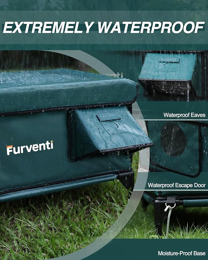Heated Cat House for Outside,Dual Camera Mounts,100% Weatherproof & Extremely Insulated,Elevated Feral Cat Shelter with Escape Door,Waterproof Eaves for Outdoor Stray Barn Cat(Dark Green,S)