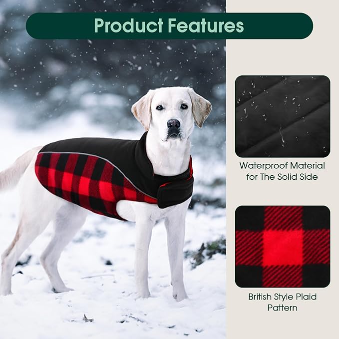 Kuoser Dog Winter Coat,Reversible Waterproof Dog Jacket with Leash Hole,Warm Dogs Fleece Vest Adjustable Doggy Cold Weather Clothes Plaid Christmas Outfit Pet Apparel for Extra Large Dogs,RedBlack 3XL