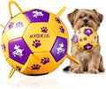 Size 2 Dog Soccer Ball with Straps Durable Training Ball for Pets Interactive Outdoor Dog Toy,Yellow & Purple, Paw and Puppy Design, for Small & Medium Puppie