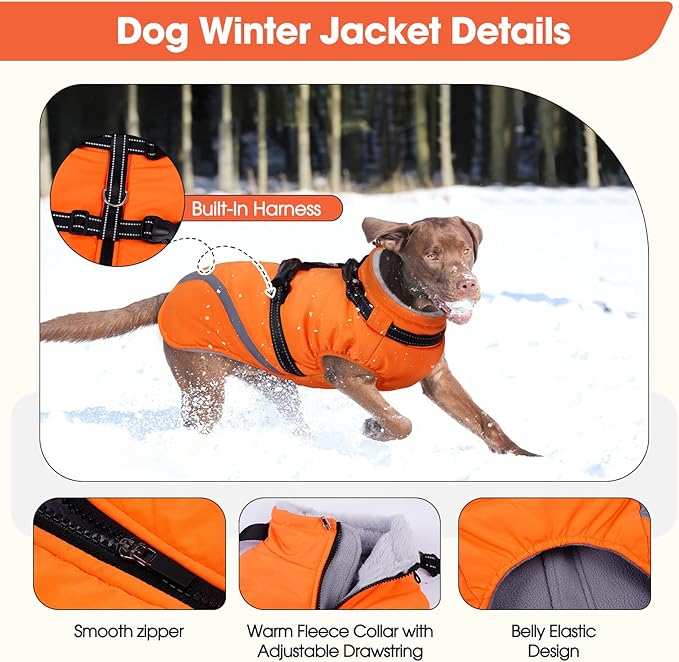 BRKURLEG Dog Winter Jackets for Medium Dogs, Dog Coat with Harness Built in, Dogs Snowsuits with Zipper, Waterproof Windproof Pet Puffer Jacket Fleece Vest for Beagle, Pug, Orange L